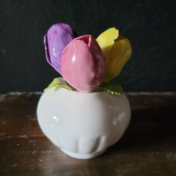 Vtg Heathcote and Hall Small Vase W/ Pink Purple Yellow Flowers Made In England - Picture 3 of 7